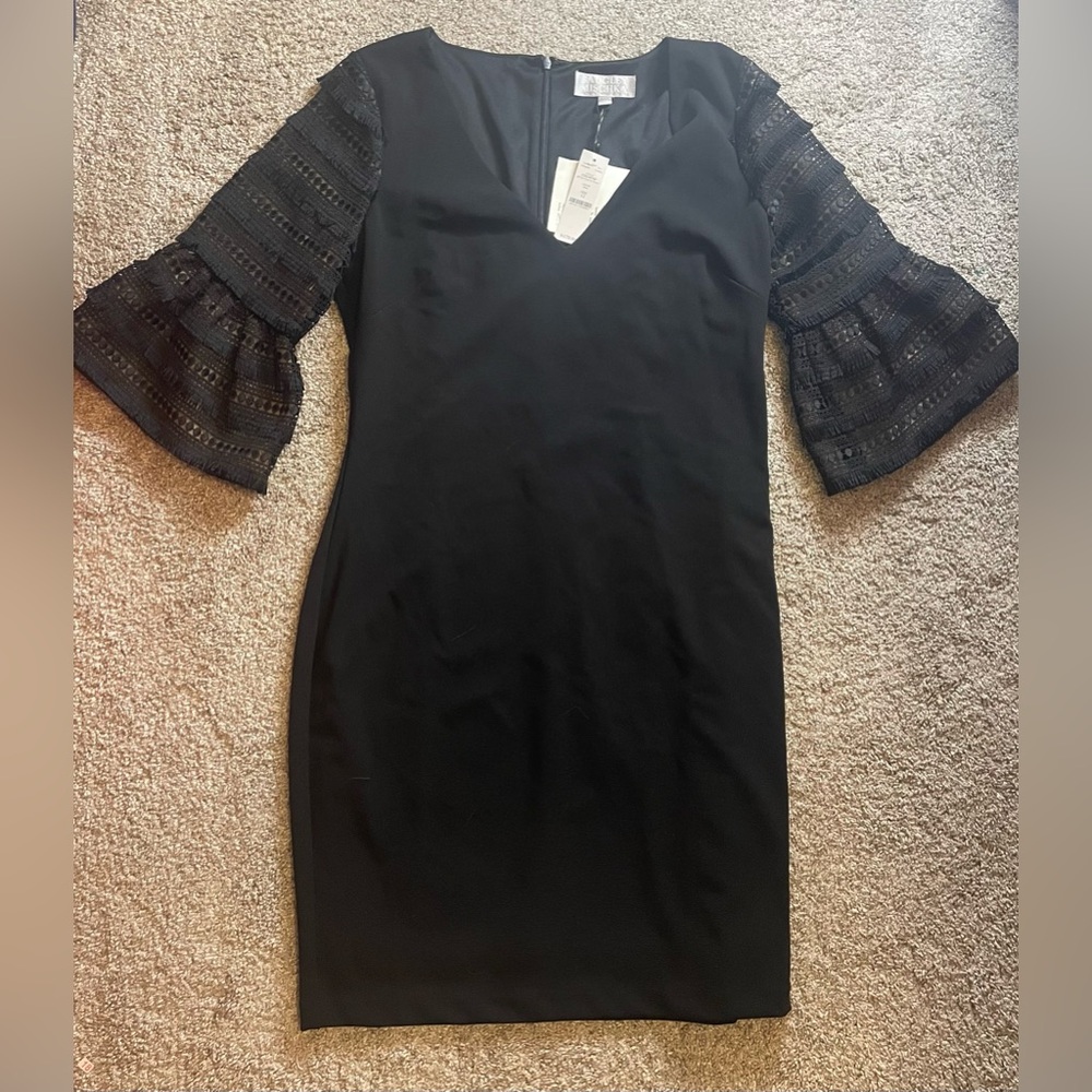 Badgley Mischka - NWT Black Fringe Sleeve Sheath Cocktail Dress - Size 12